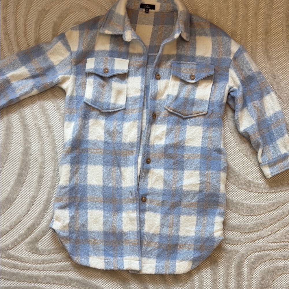 Lulu's Blue and White Button Down Coat Casual Plaid